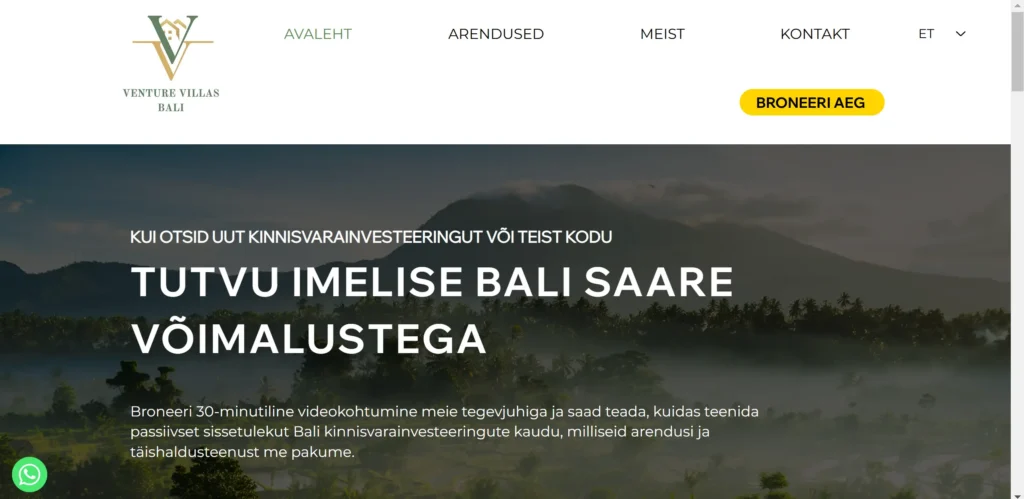 Venture Villas Bali koduleht, mis on tehtud veebiehitus firma poolt Haldan Veebi.